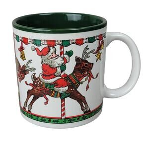Vintage Christmas Coffee Mug Santa Elves Reindeer Carousel Marvelous Mugs 1987